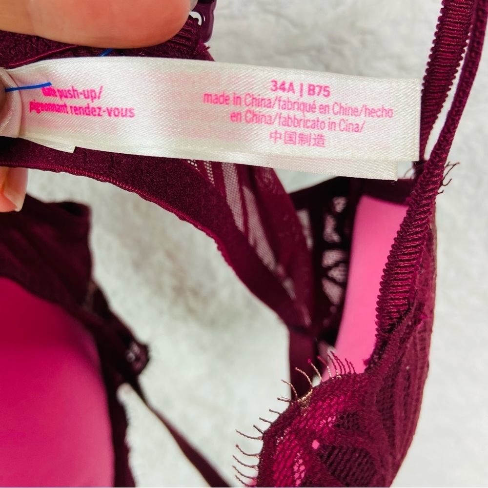 VICTORIAS SECRET PINK Burgundy gold star date night push up sexy bra size 34A - Picture 12 of 12